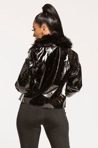 VINYL PUFF SLEEVE FAUX FUR COLLAR JACKET