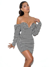 Load image into Gallery viewer, KYLIE PUFF SLEEVE OFF SHOULDER HOUNDSTOOTH DRESS