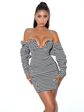 Load image into Gallery viewer, KYLIE PUFF SLEEVE OFF SHOULDER HOUNDSTOOTH DRESS