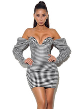 Load image into Gallery viewer, KYLIE PUFF SLEEVE OFF SHOULDER HOUNDSTOOTH DRESS