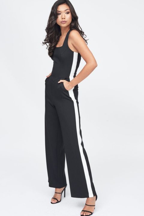 LAVISH ALICE SQUARE NECK SIDE STRIPE WIDE LEG JUMPSUIT