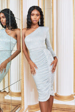 Load image into Gallery viewer, LAVISH ALICE POWER SHOULDER PLEATED SEQUIN MIDI DRESS