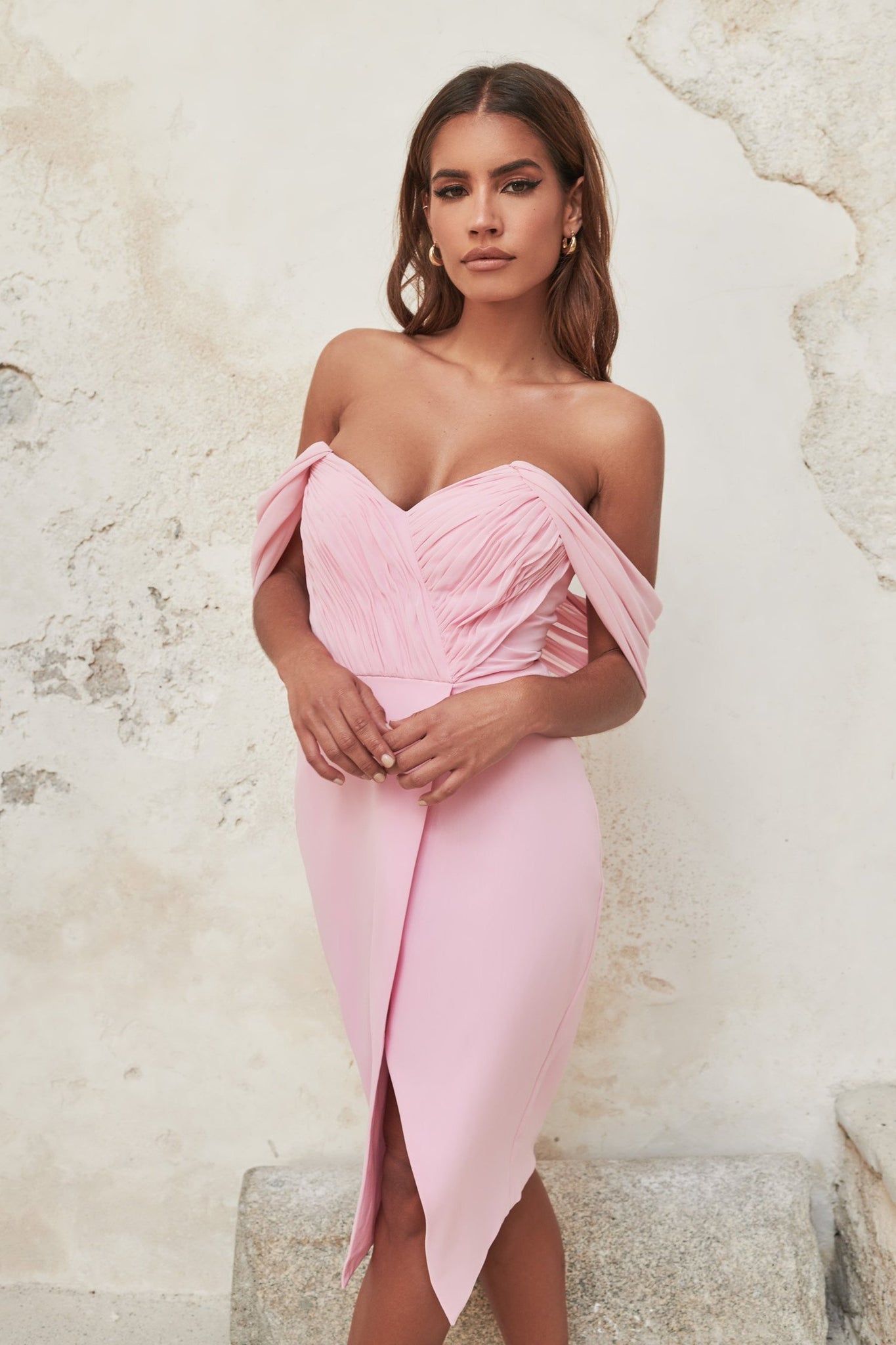 Lavish alice pleated bardot and draped belt midi dress sale
