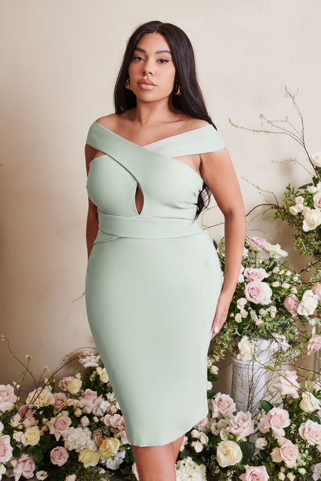 LAVISH ALICE RAELYNN CURVE OFF SHOULDER WRAP PONTE DRESS - SAGE