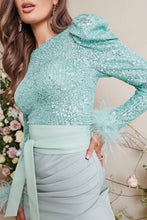 Load image into Gallery viewer, LAVISH ALICE SEQUIN FEATHER EMBELLISHED MIDI DRESS SAGE