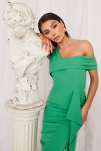 Load image into Gallery viewer, LAVISH ALICE PLEATED ASYMMETRIC OFF SHOULDER MIDI DRESS