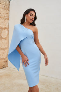 LAVISH ALICE ONE SHOULDER CAPE MIDI DRESS IN CORNFLOWER BLUE