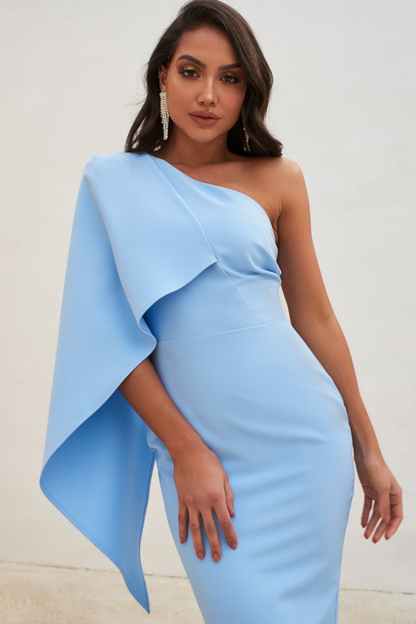 lavish alice blue one shoulder dress LAVISH ALICE ONE SHOULDER CAPE MIDI DRESS IN CORNFLOWER BLUE Arelia's Dream