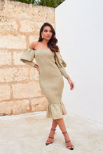 Load image into Gallery viewer, LAVISH ALICE BARDOT SHIRRED MIDI DRESS