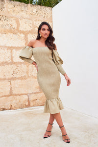 LAVISH ALICE BARDOT SHIRRED MIDI DRESS