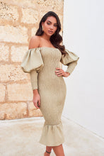 Load image into Gallery viewer, LAVISH ALICE BARDOT SHIRRED MIDI DRESS