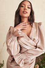 Load image into Gallery viewer, LAVISH ALICE SATIN BALLOON SLEEVE WRAP MIDI DRESS