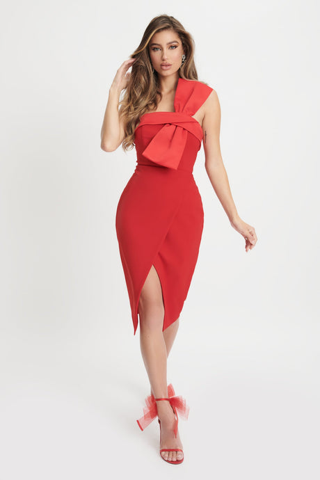 LAVISH ALICE EMILY BANDEAU BOW DETAIL WRAP MIDI DRESS - RED