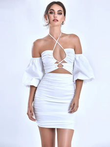 KASEY WHITE LACE UP HALTER NECK PUFF SLEEVE DRESS