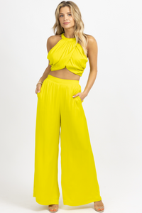 OVERLAP PLEATED BACK TIE TOP AND WIDE LEG PANT SET
