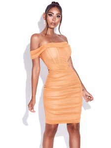 WESLEE ORANGE OFF SHOULDER MESH CORSET DRESS