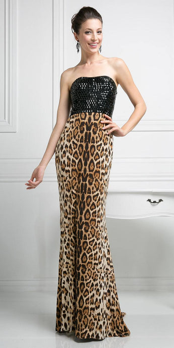 LEOPARD PRINT STRAPLESS LONG DRESS