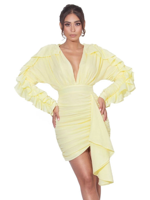 SAMARA YELLOW DRAPING RUFFLE SLEEVE DRESS
