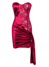 Load image into Gallery viewer, LILY RED STRAPLESS LACE SATIN DRAPE DRESS