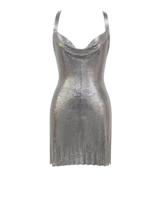 alessandra crystal mesh dress silver Metallic Mesh Mini Dress with Crystal Straps