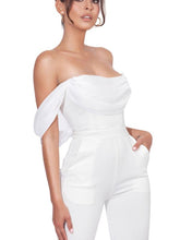 Load image into Gallery viewer, SHERLYN WHITE OFF SHOULDER FLARED CREPE JUMPSUIT