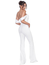 Load image into Gallery viewer, SHERLYN WHITE OFF SHOULDER FLARED CREPE JUMPSUIT