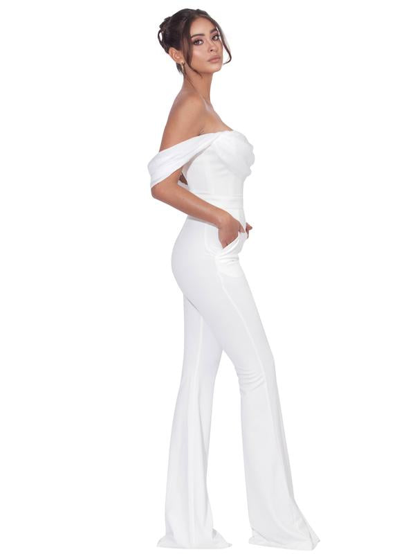 Sherlyn White Off Shoulder Flared Crepe Jumpsuit – Miss Circle