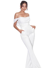 Load image into Gallery viewer, SHERLYN WHITE OFF SHOULDER FLARED CREPE JUMPSUIT