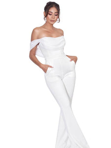 SHERLYN WHITE OFF SHOULDER FLARED CREPE JUMPSUIT