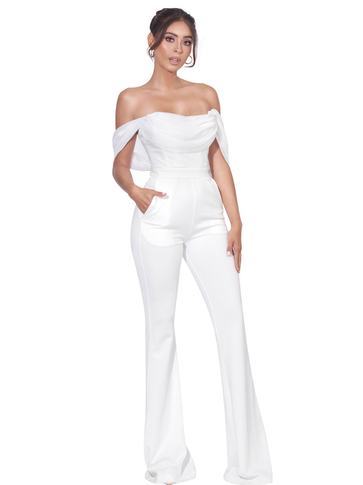 White off the shoulder pant suit Clearance