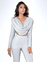 Load image into Gallery viewer, XANDRA SILVER GLITTER DRAPING LONG SLEEVE TOP