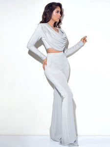 XIARA SILVER GLITTER FLARE TROUSERS