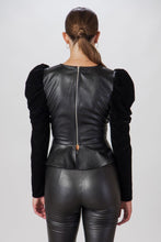 Load image into Gallery viewer, FAUX LEATHER AND VELVET PEPLUM TOP