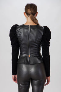FAUX LEATHER AND VELVET PEPLUM TOP