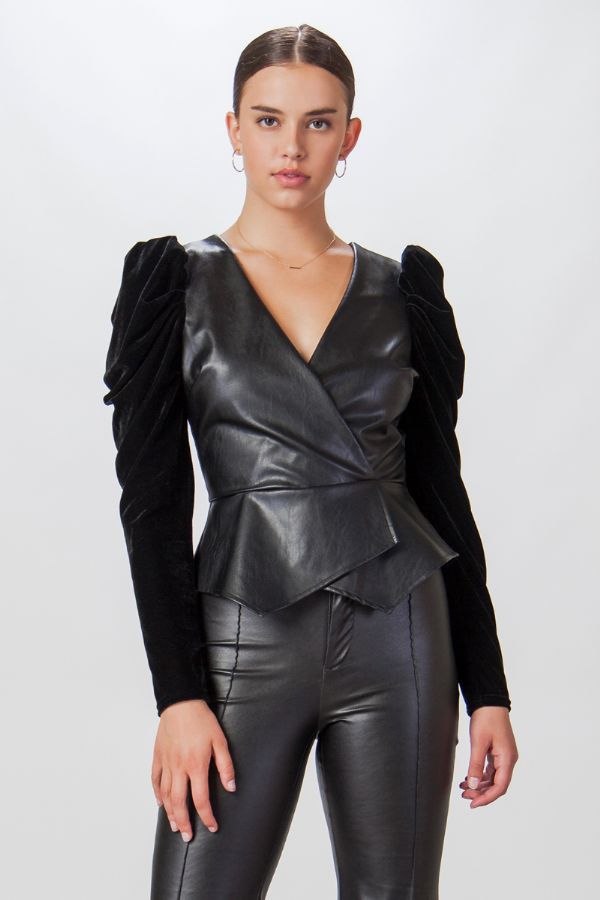 FAUX LEATHER AND VELVET PEPLUM TOP - Main Image