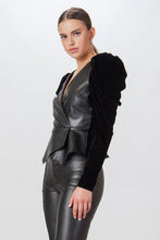 Load image into Gallery viewer, FAUX LEATHER AND VELVET PEPLUM TOP