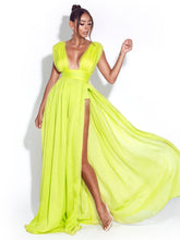 Load image into Gallery viewer, VALLEY OF ANGELS LIME SILK PLEATED HIGH SLIT MAXI DRESS
