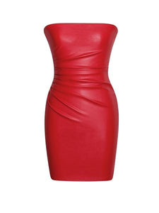 YASHIRA RED LEATHER STRAPLESS DRESS