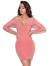 Load image into Gallery viewer, ZOFIA SALMON OFF SHOULDER MESH CORSET DRESS
