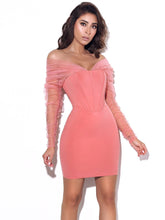 Load image into Gallery viewer, ZOFIA SALMON OFF SHOULDER MESH CORSET DRESS