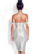 Load image into Gallery viewer, IRREPLACEABLE OFF SHOULDER SILVER METALLIC BANDAGE DRESS
