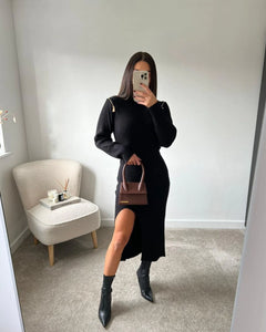 BLACK HIGH NECK KNITTED JUMPER DRESS WITH ZIP SHOULDER DETAIL