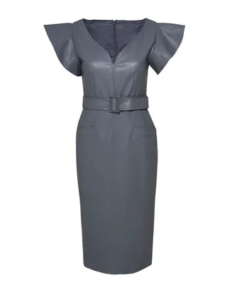 STEEL BLUE FAUX LEATHER MIDI DRESS Arelia's Dream STEEL BLUE FAUX LEATHER MIDI DRESS Arelia's Dream