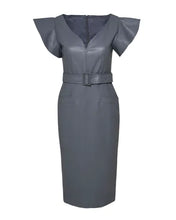 Load image into Gallery viewer, STEEL BLUE FAUX LEATHER MIDI DRESS
