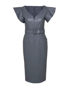STEEL BLUE FAUX LEATHER MIDI DRESS