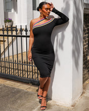 Load image into Gallery viewer, BLACK MIDI DRESS WITH ONE SHOULDER MULTI STRIPE TAPE DETAIL