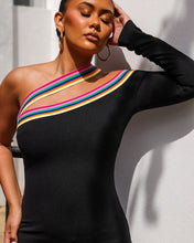 Load image into Gallery viewer, BLACK MIDI DRESS WITH ONE SHOULDER MULTI STRIPE TAPE DETAIL