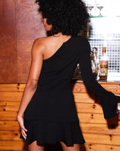 Load image into Gallery viewer, BLACK ONE SHOULDER FRILL MINI DRESS WITH CUT OUT