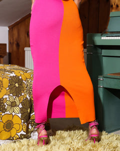 PINK AND ORANGE RACER COLOUR BLOCK KNITTED MIDI DRESS