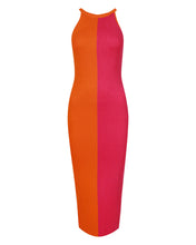 Load image into Gallery viewer, PINK AND ORANGE RACER COLOUR BLOCK KNITTED MIDI DRESS